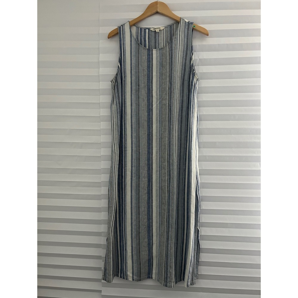 Briggs Blue Striped Linen Blend Sleeveless Midi Shift Dress Womens Medium